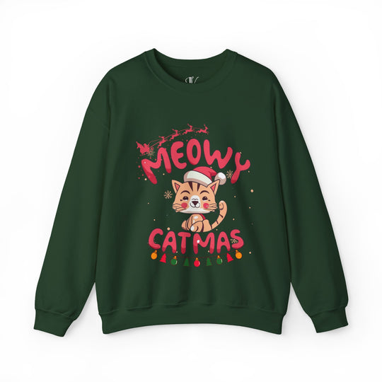 Funny Meowy Catmas Crewneck Sweatshirt Sweatshirt Printify S Forest Green