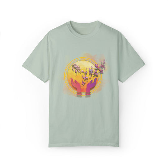 Spiritual Symbol Hands Garment-Dyed T-shirt with Flowers and Butterflies T-Shirt Printify Bay S