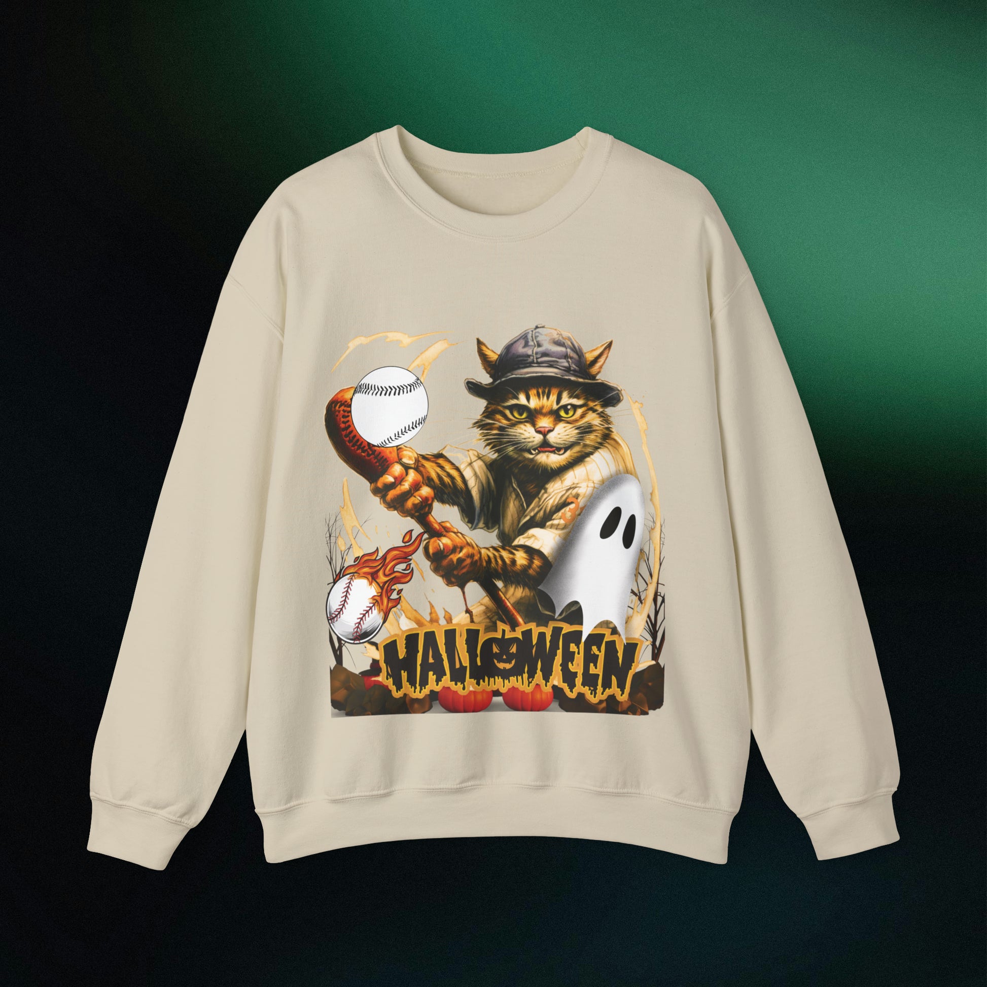 Halloween Cat Baseball Sweatshirt | Playful Feline and Pumpkins | Spooky Sports | Halloween Fun Sweatshirt Sweatshirt S Sand 