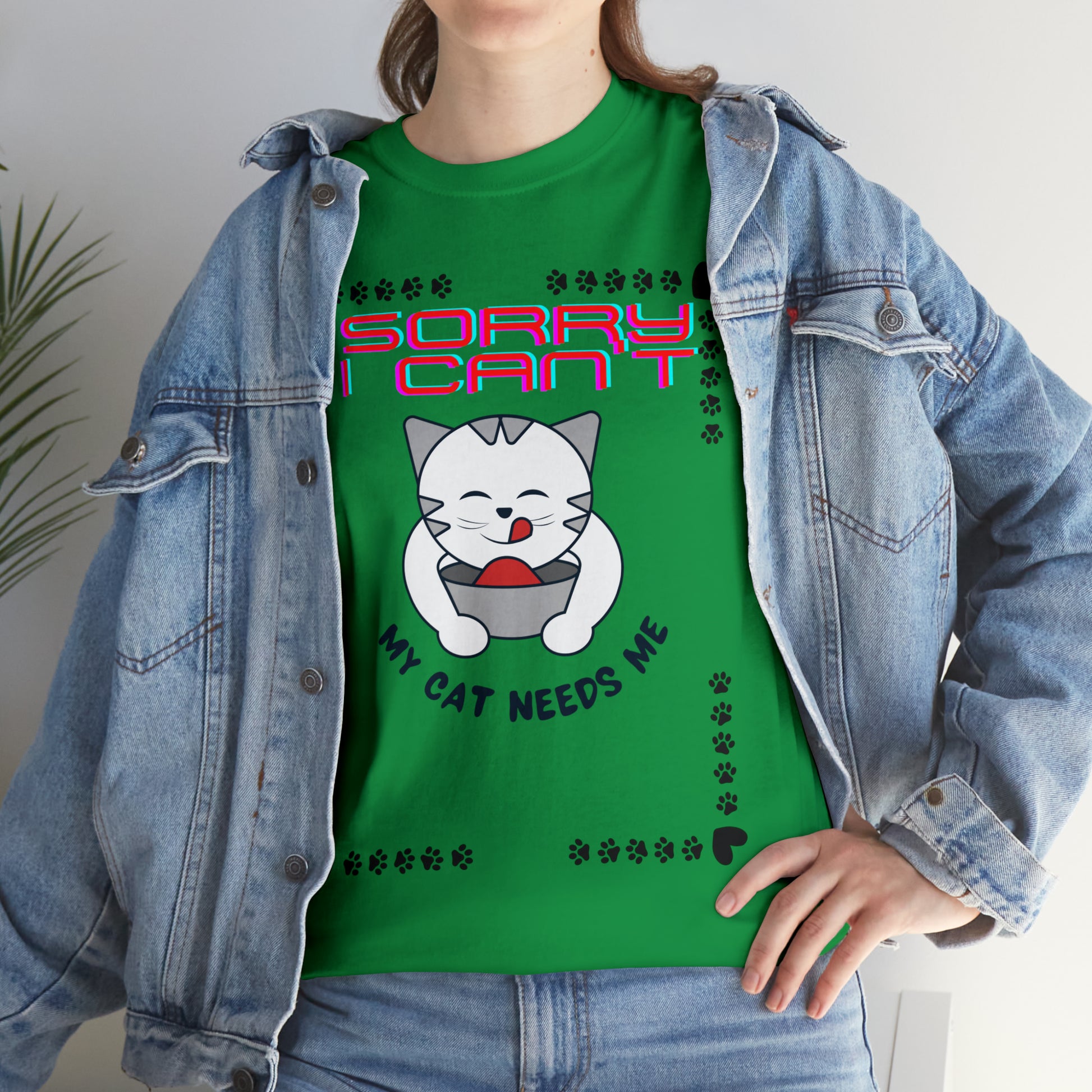 Sorry I Can't My Cat Needs Me T-Shirt | Cat Mom Shirt | Cat Lover Gift | Cat Mom Gift | Animal Lover Gift for Women T-Shirt Irish Green S 