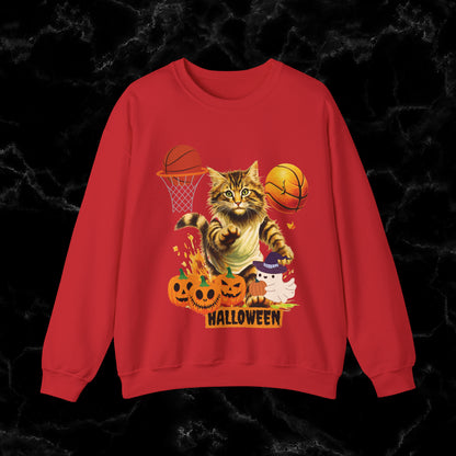 Halloween Cat Basketball Sweatshirt | Playful Feline and Pumpkins | Spooky Sports | Halloween Fun Sweatshirt Sweatshirt S Red 