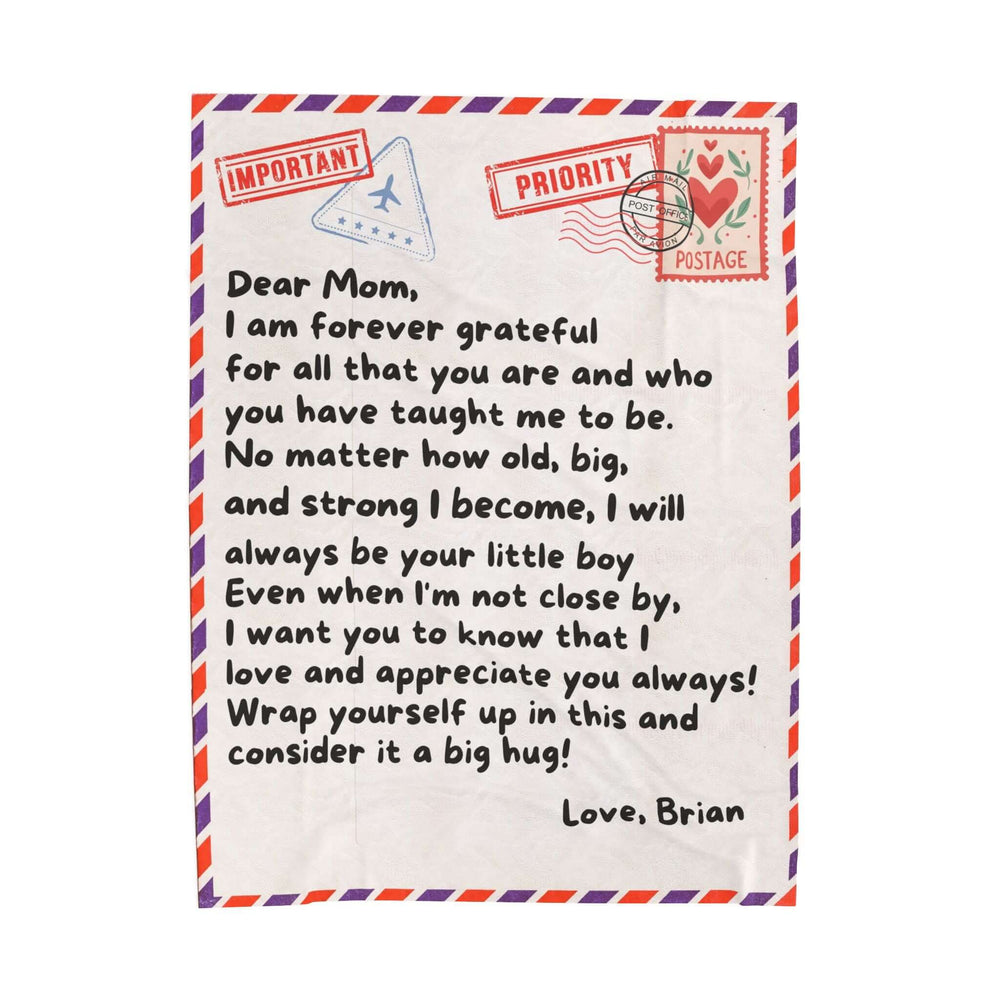 Dear Mom personalized blanket design featuring heartfelt letter print for son to mother gift.
