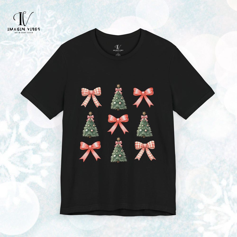 Coquette Bow Christmas Tree T-Shirt T-Shirt Printify Black XS