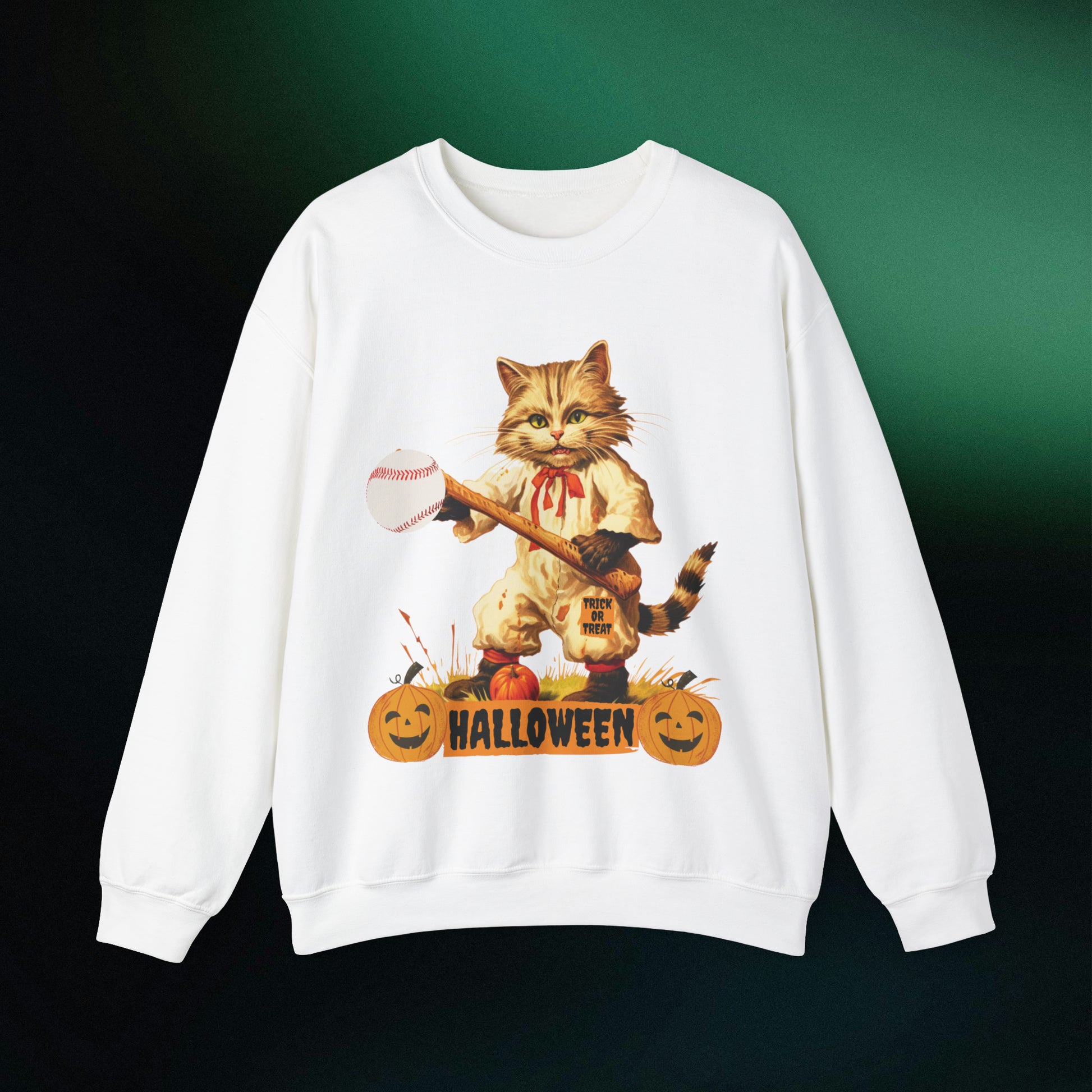 Halloween Cat Baseball Sweatshirt | Happy Halloween - Spooky Sports | Halloween Fun Sweatshirt Sweatshirt S White 