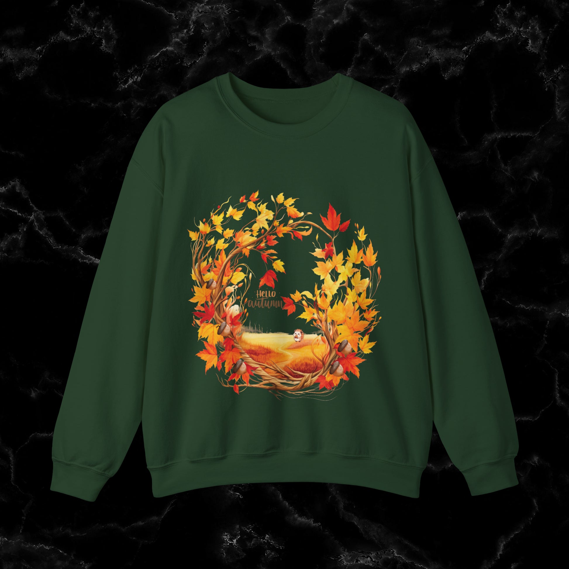 Hello Autumn Sweatshirt | Fall Design - Fall Seasonal Sweatshirt - Beauty Of Autumn Sweatshirt S Forest Green 