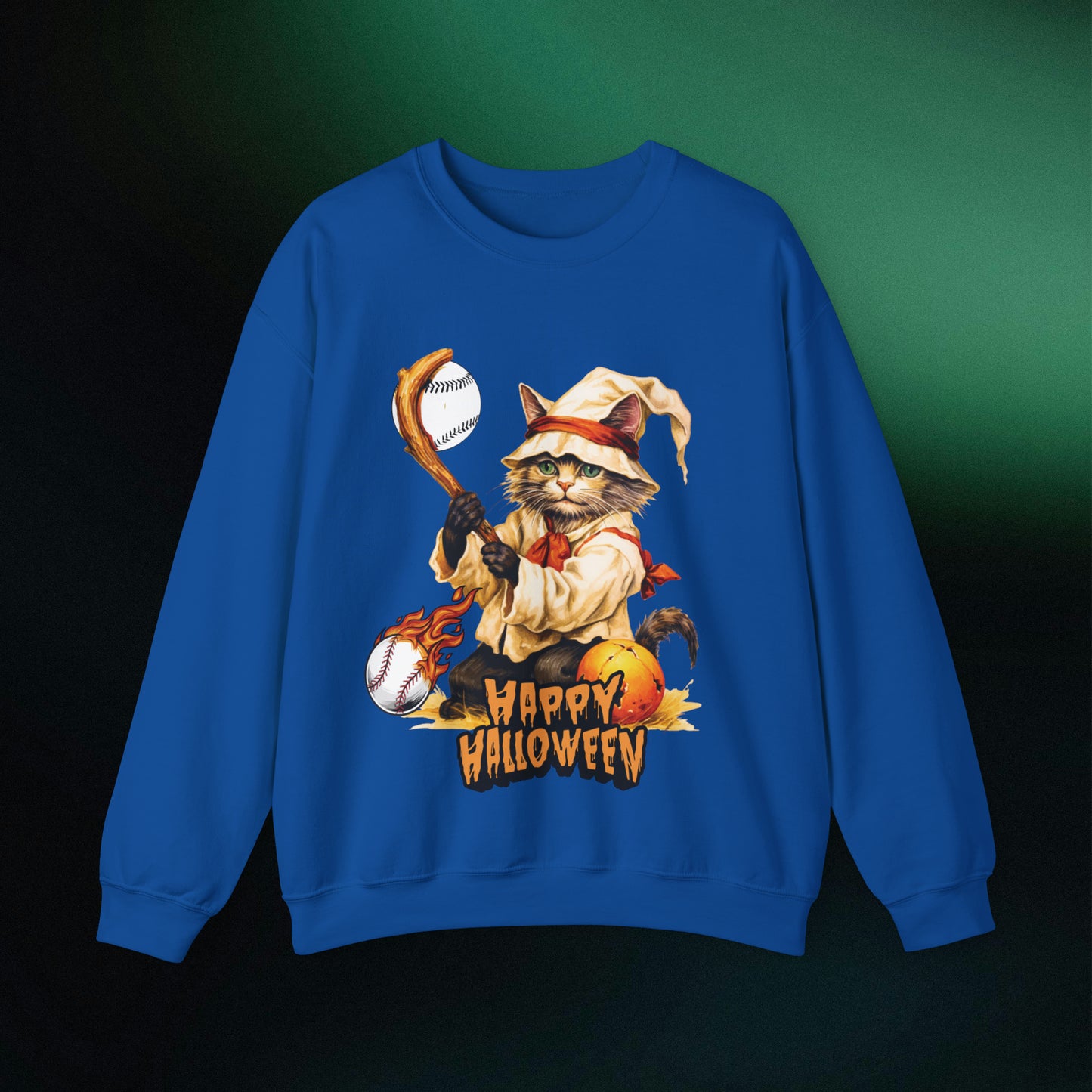 Halloween Cat Baseball Sweatshirt | Playful Feline and Pumpkins - Spooky Sports | Halloween Fun Sweatshirt Sweatshirt S Royal 