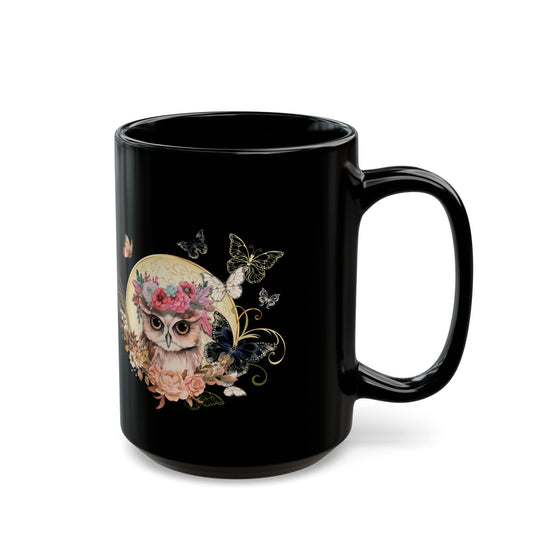 Black Mug - Playful and Whimsical Owl- 11oz/15oz Mug Printify