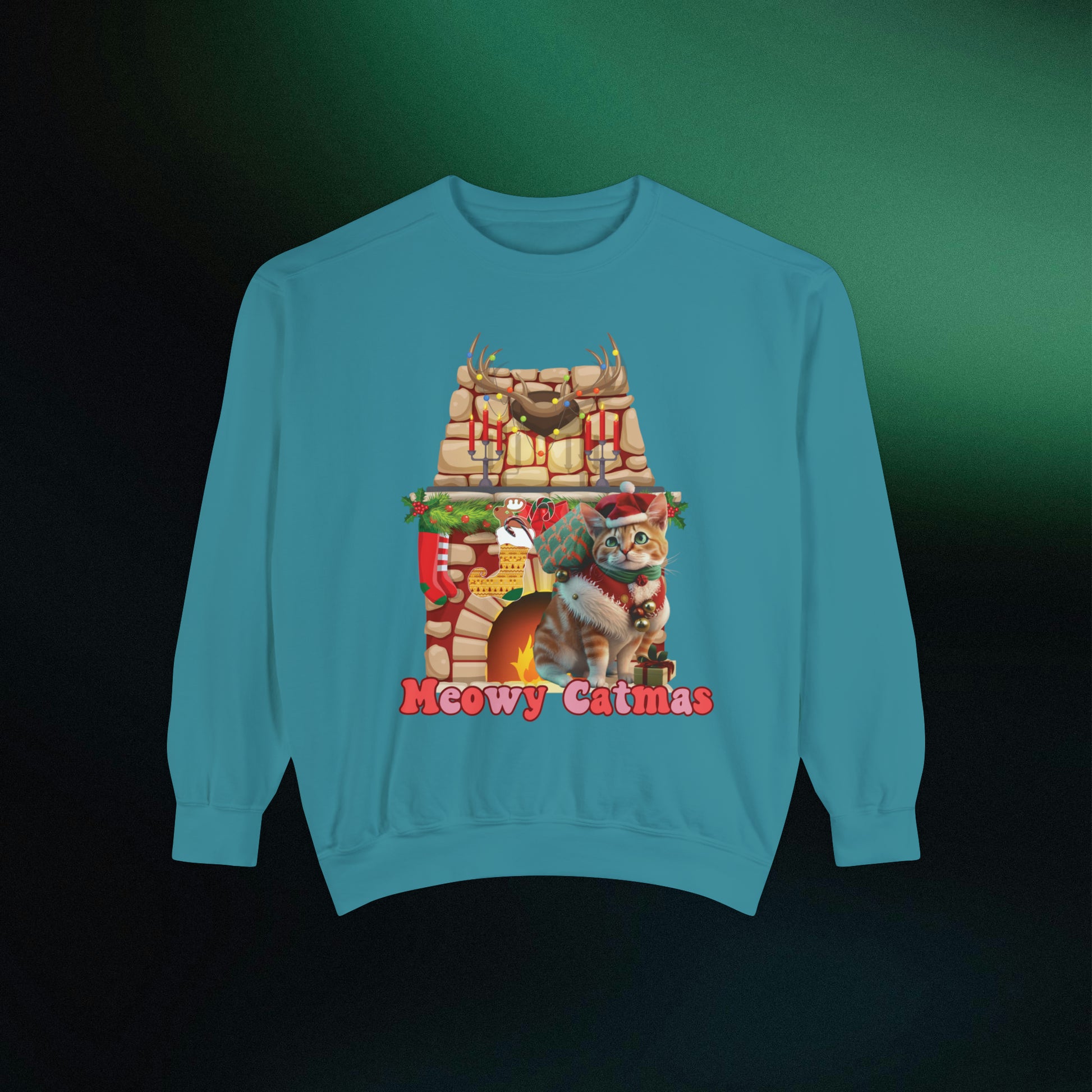 Funny Christmas Cat Sweatshirt | Meowy Christmas Cat Sweater | Christmas Gifts for Cat Lovers - Christmas Lights Shirt, Christmas Cats Shirt Sweatshirt Topaz Blue S 
