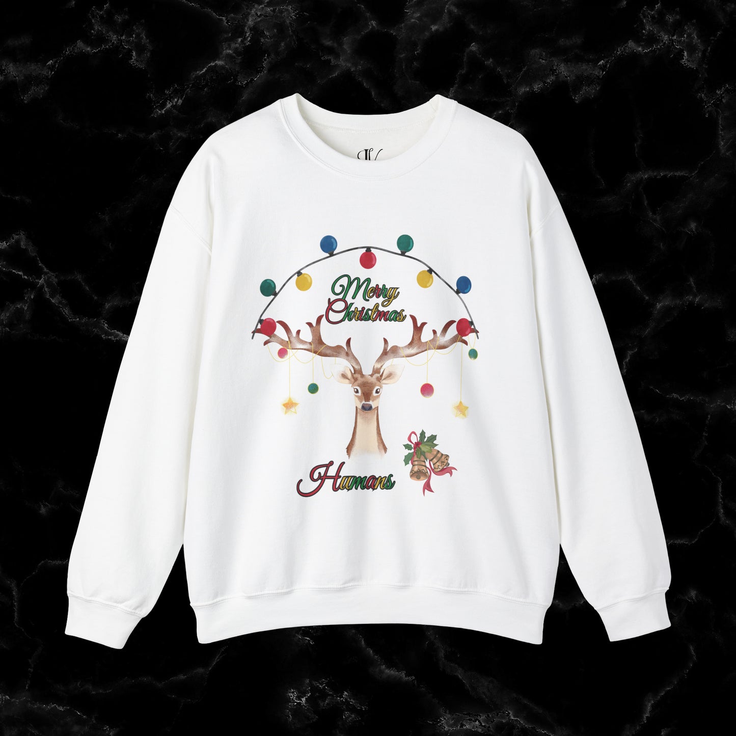 Merry Christmas Reindeer Sweatshirt - Christmas Crewneck for Festive Holiday Cheer | 'Merry Christmas Humans' Sweatshirt S White 