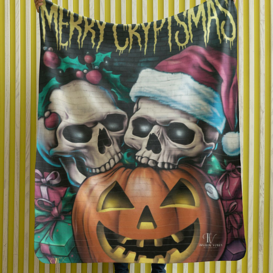 Sherpa Fleece Blanket - Merry Cryptmas Gothic Skull Pumpkin Spooky Christmas
