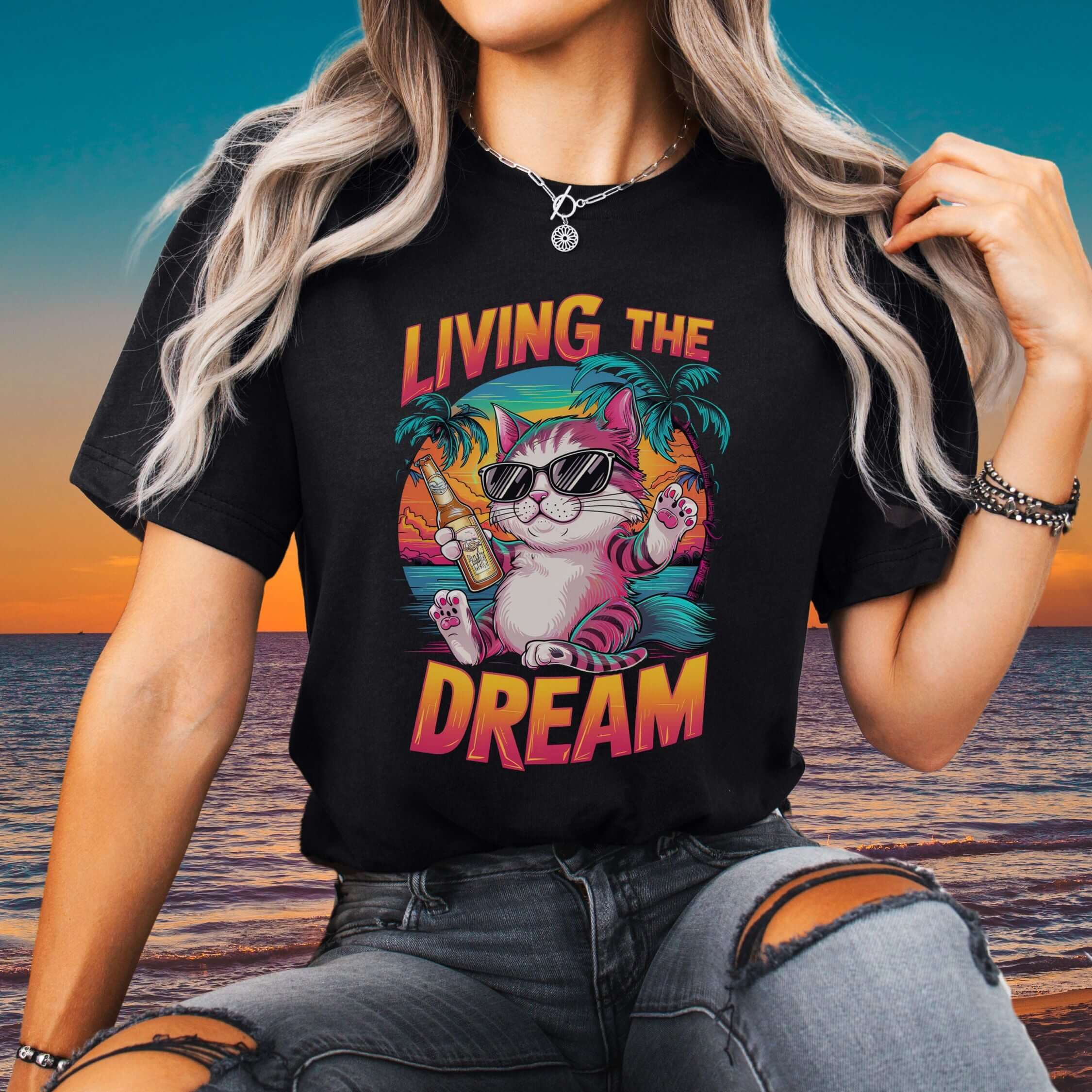 Cat T-Shirt Living the Dream Retro T-Shirt Printify