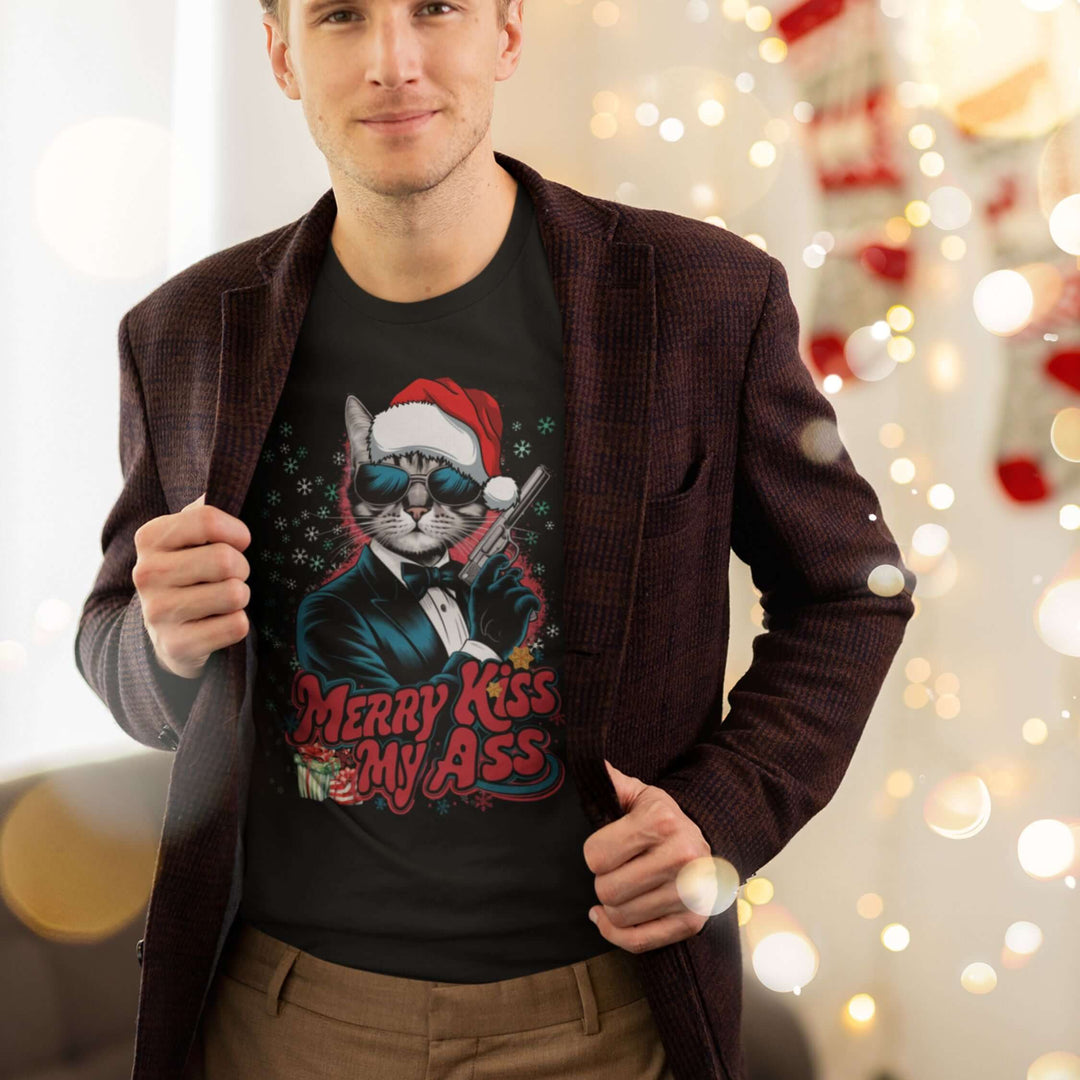 Funny Christmas Cat Unisex Tee- 'Merry Kiss My Ass'
