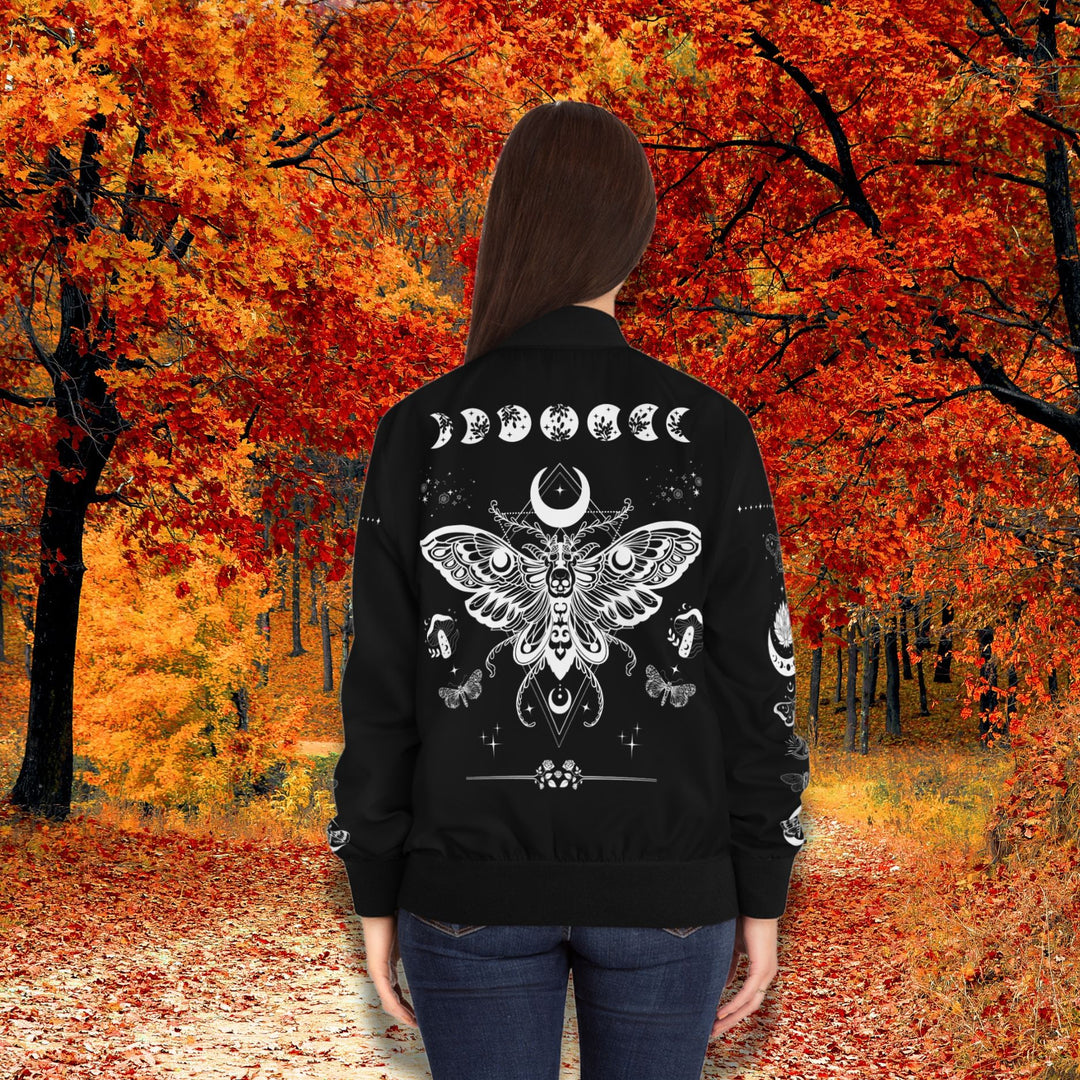 Women's Bomber Jacket - Mystic Moth and Lunar Phases Goth Boho
