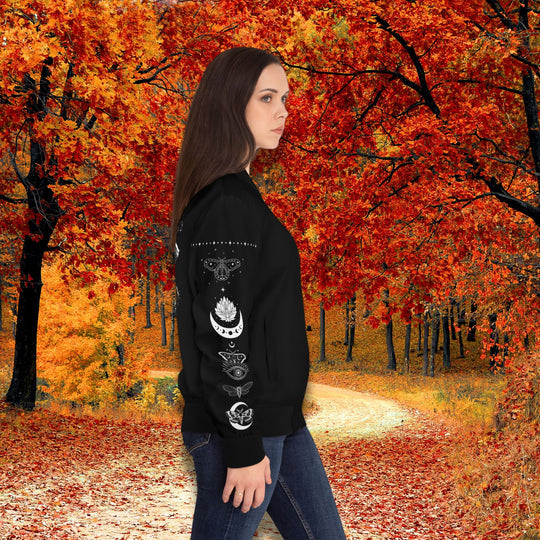 Women's Bomber Jacket - Mystic Moth and Lunar Phases Goth Boho