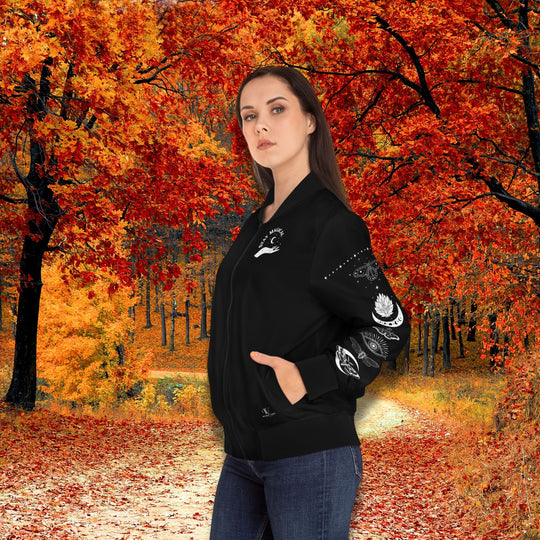 Women's Bomber Jacket - Mystic Moth and Lunar Phases Goth Boho