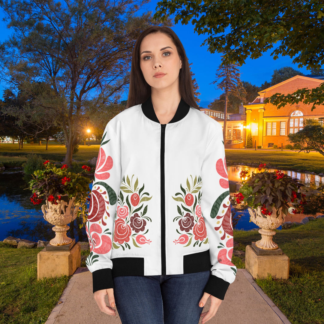 Folk Art Bomber Jacket with Floral Patterns All Over Prints Printify