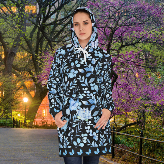 Blue Floral Women's Hoodie Dress with Butterflies Watercolor Pattern All Over Prints Printify