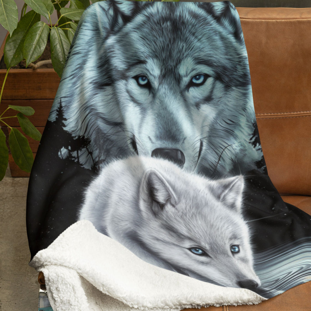 Sherpa Fleece Blanket - Wolf and Cub Moonlit Night Scene Home Decor Printify