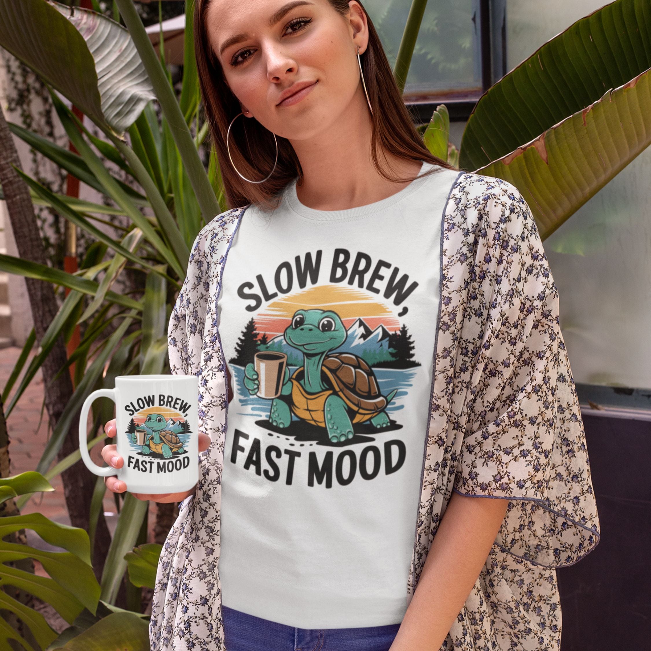 T-shirt Slow Brew, Fast Mood Turtle Coffee T-Shirt Printify