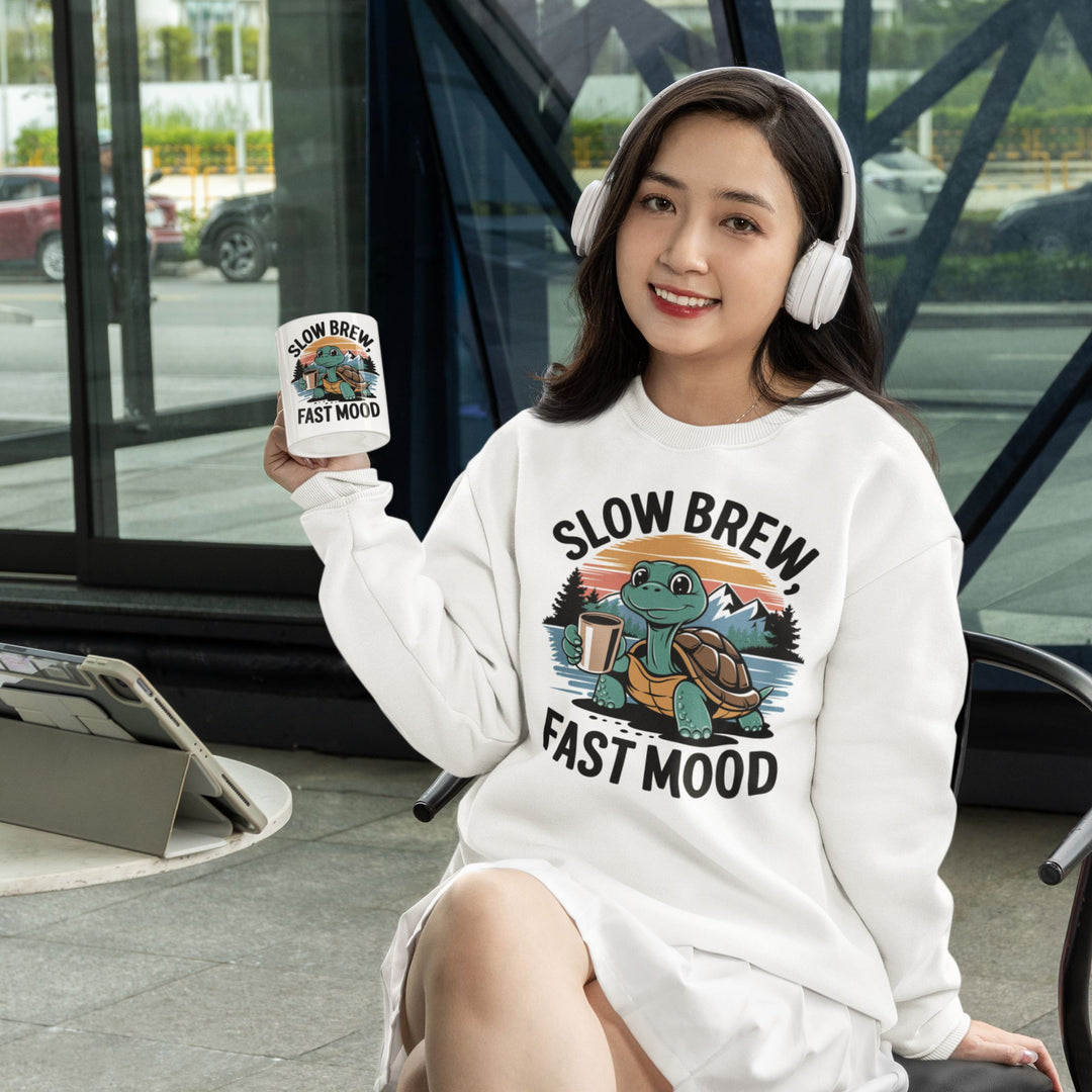 Turtle Coffee Sweatshirt - Slow Brew Fast Mood Sweatshirt Printify