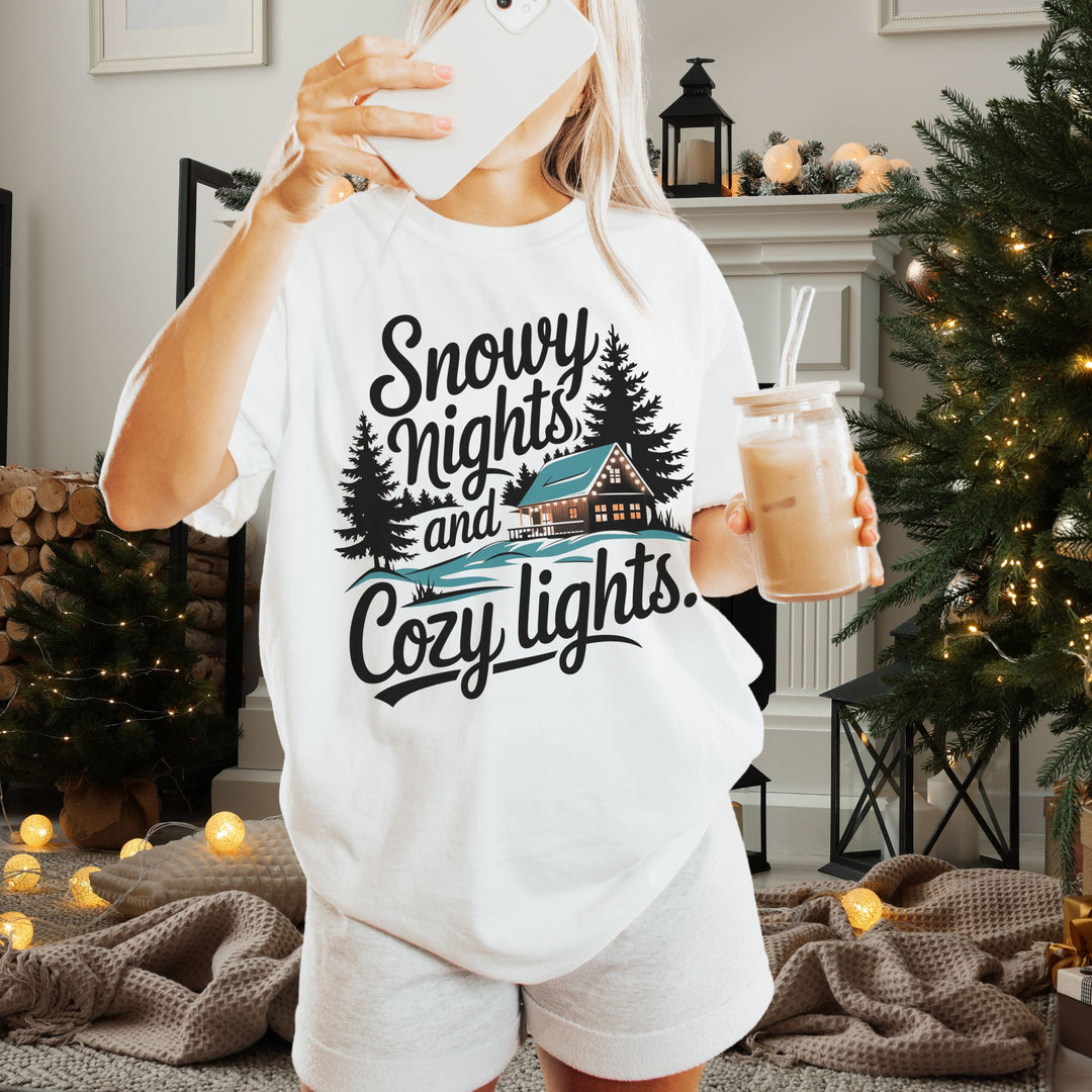 Snowy Nights and Cozy Lights Unisex T-shirt T-Shirt Printify White L