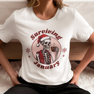 Skeleton Santa Hat Coffee Unisex T-shirt - Surviving January