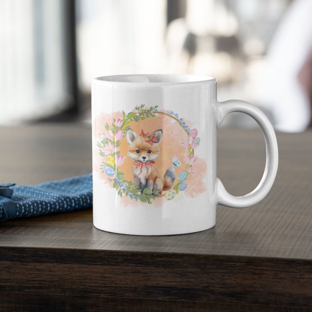 Fox Ceramic Mug - Easter Springtime Floral Wreath Mug Printify