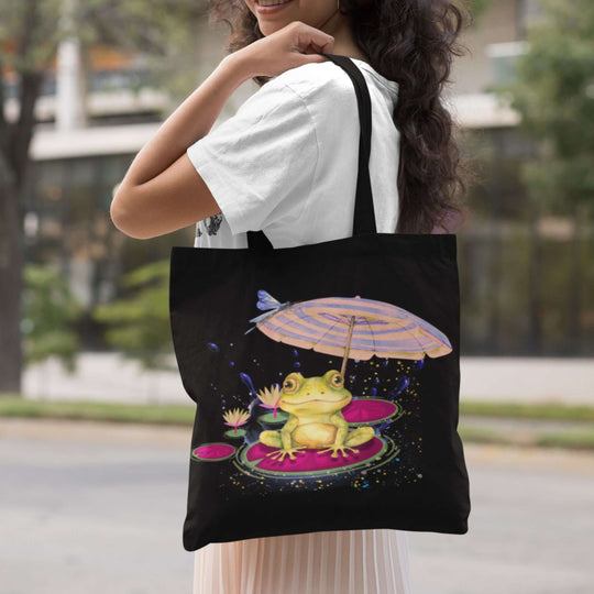 Whimsical Dreamy Frog Tote Bag Bags Printify 13" × 13'' Black