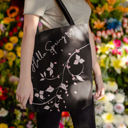 Spring Floral Tote Bag - Hello Spring Bags Printify 18" × 18'' Black