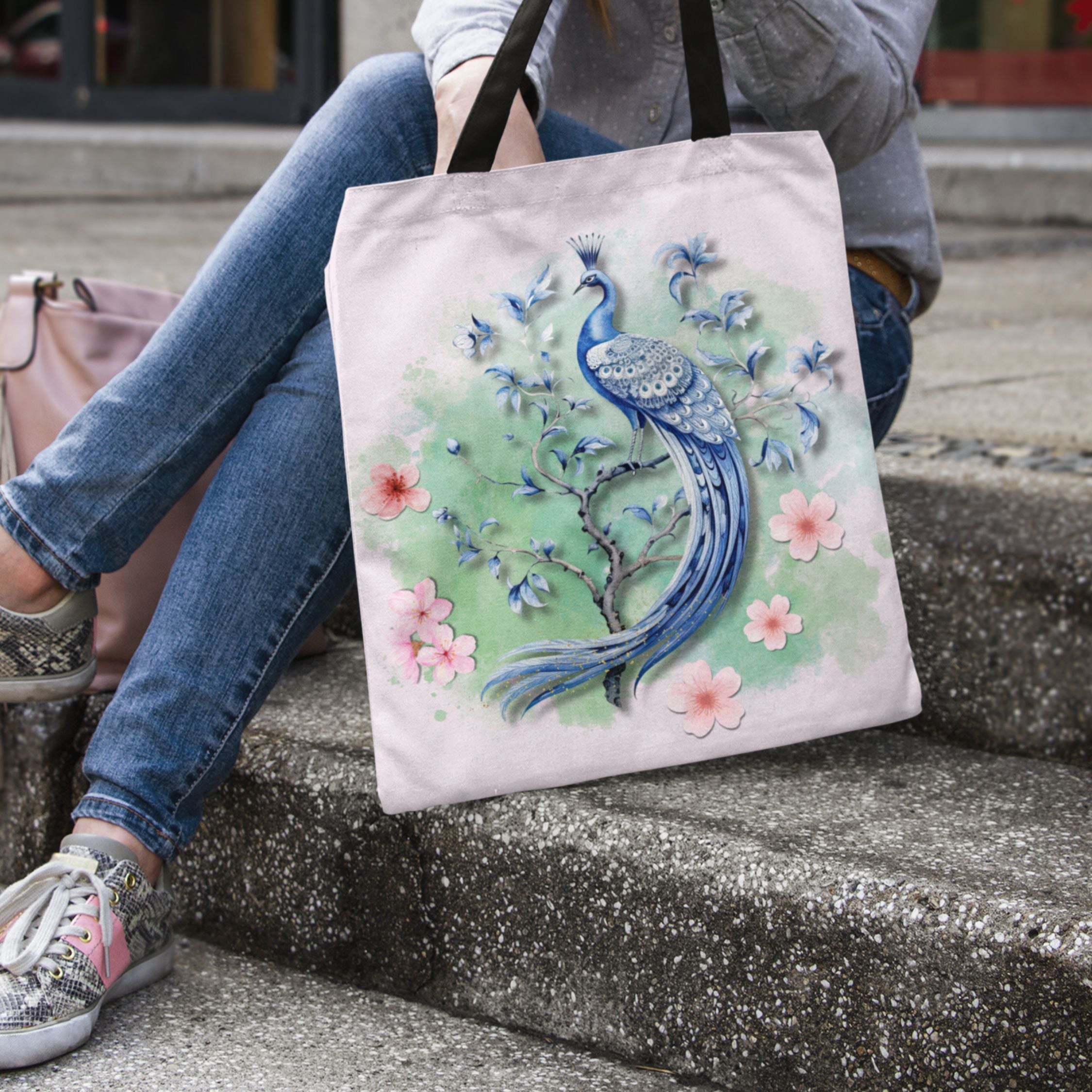 Peacock Tote Bag - Elegant and Delicate Floral Branch Bags Printify 16" × 16'' Black