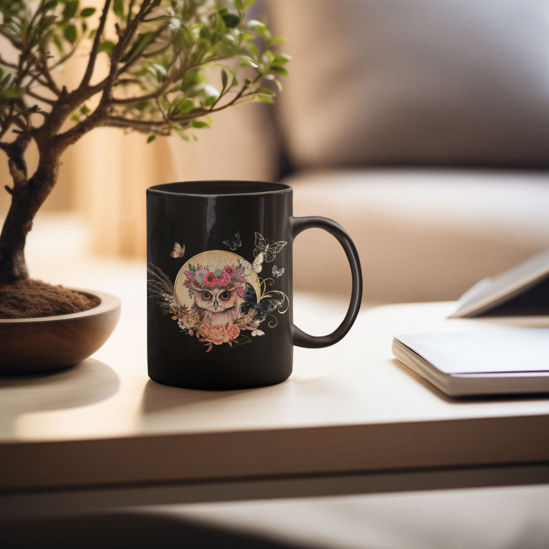 Black Mug - Playful and Whimsical Owl- 11oz/15oz Mug Printify 15oz