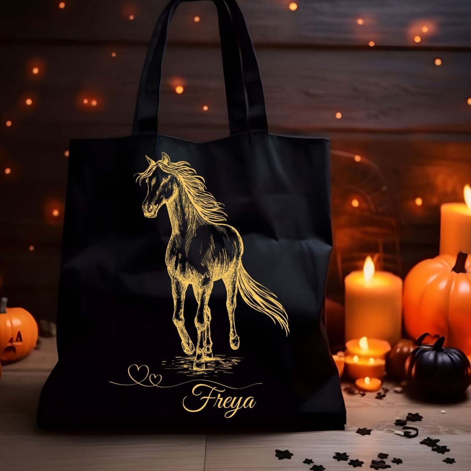 Personalized Horse Tote Bag — Golden Sketch Running Horse with Name Accessories Printify