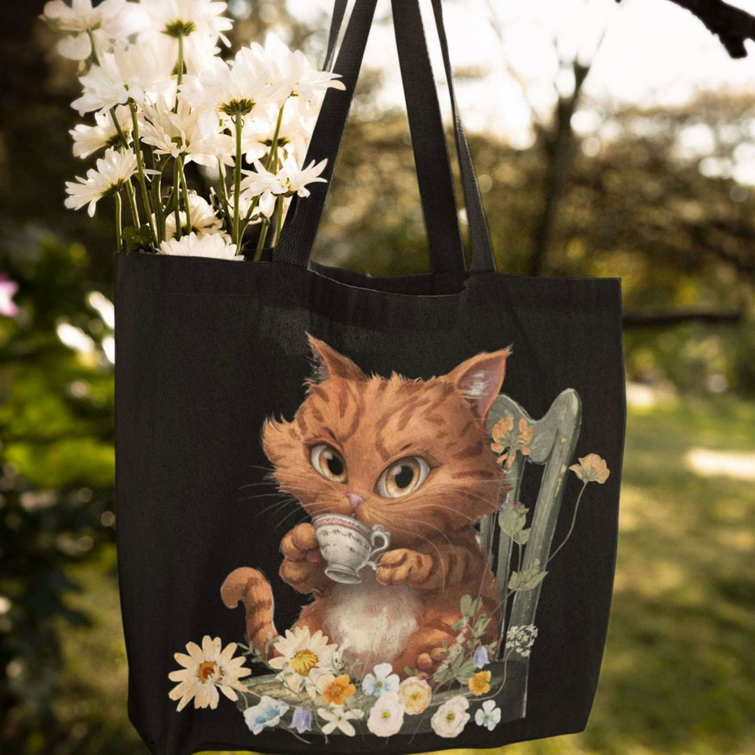 Purrfect Tea Party: Floral Cat Tote Bag Bags Printify