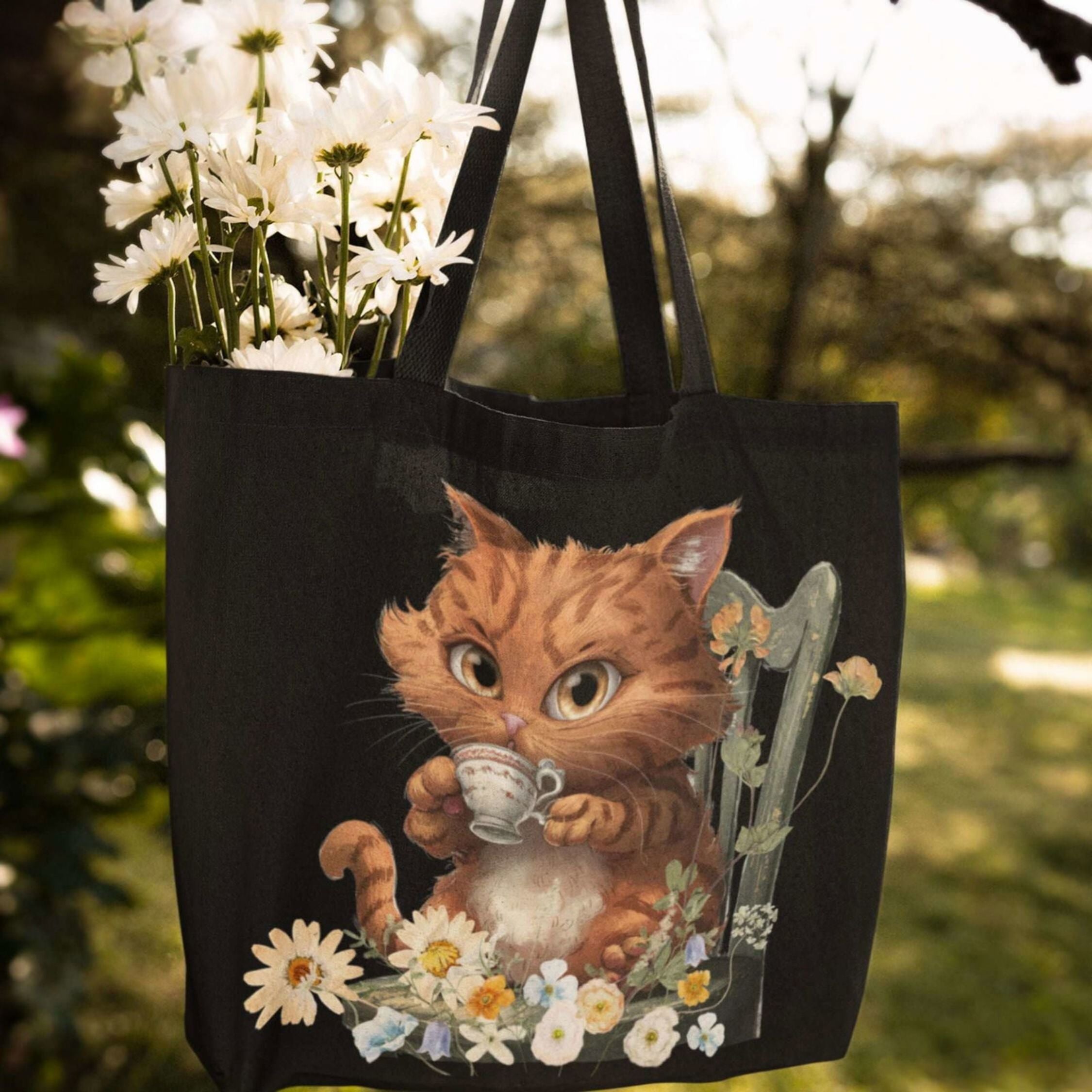 Purrfect Tea Party: Floral Cat Tote Bag Bags Printify