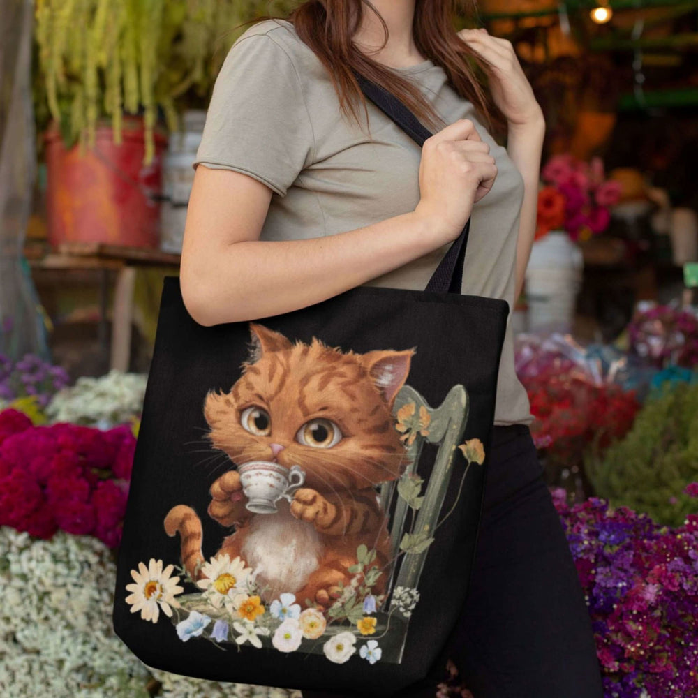 Purrfect Tea Party: Floral Cat Tote Bag Bags Printify