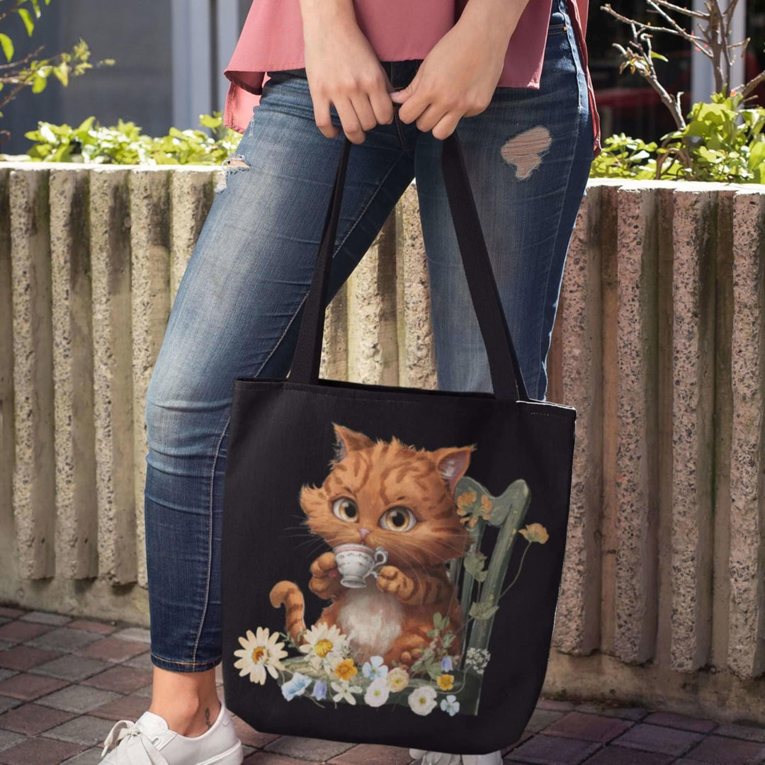Purrfect Tea Party: Floral Cat Tote Bag Bags Printify