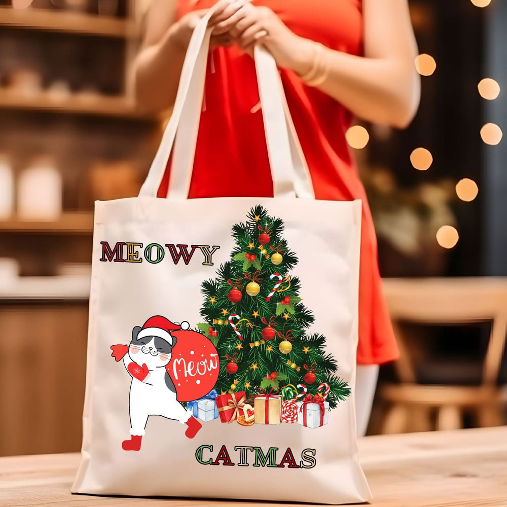 Meowy Catmas Tote Bag: Fun & Functional for Cat Lovers Accessories Printify