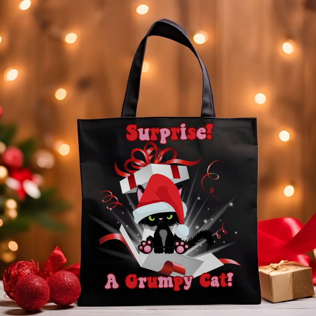 Canvas Tote Bag Grumpy Cat Christmas Surprise Accessories Printify