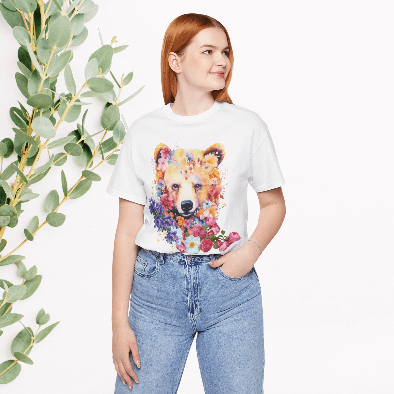 Floral Bear Face Nature-Inspired Tee T-Shirt Printify