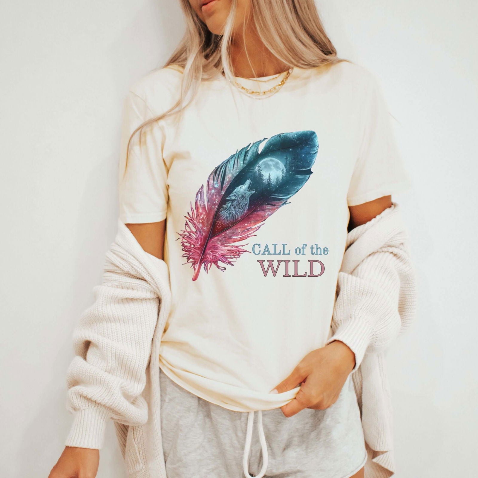 Feather Wolf Unisex T-Shirt - CALL of the WILD Graphic Tee T-Shirt Printify