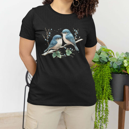 Winter Blue Jay Birds T-shirt T-Shirt Printify Black M