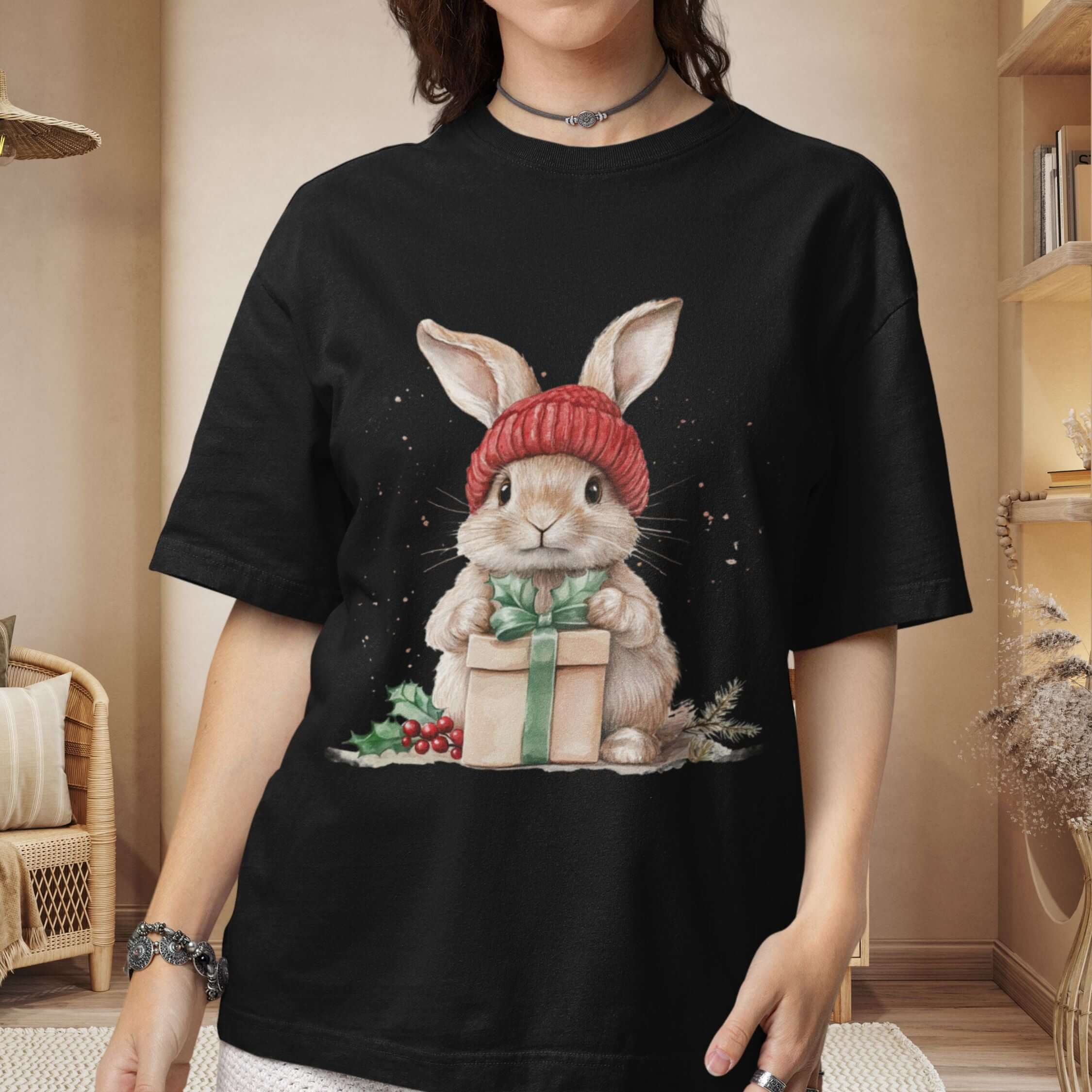 Cute Boho Winter Watercolor Bunny T-Shirt T-Shirt Printify Black M