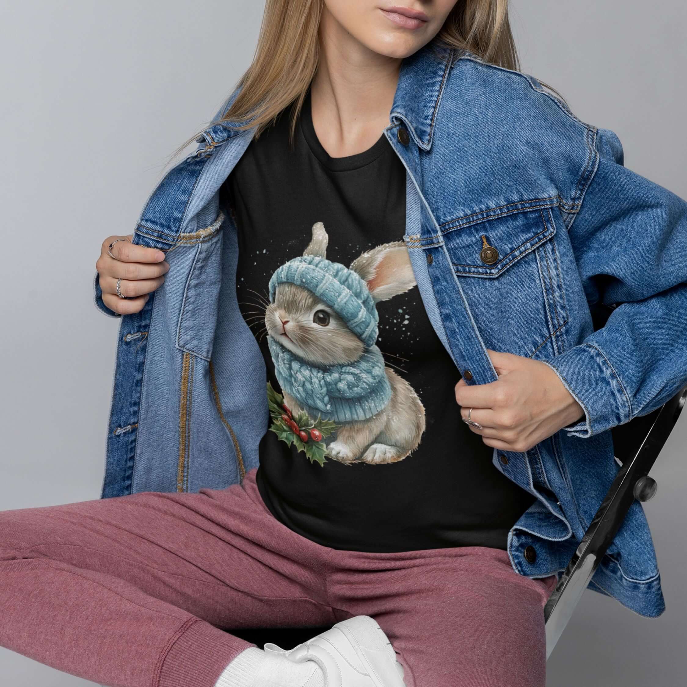 Cute Winter Watercolor Bunny T-Shirt T-Shirt Printify