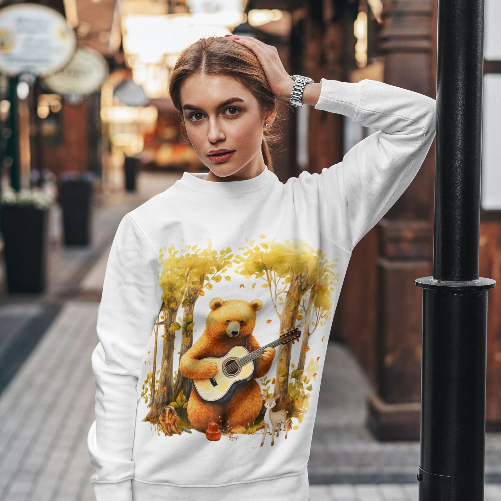 Bear Whimsical Crewneck Sweatshirt Sweatshirt Printify White L