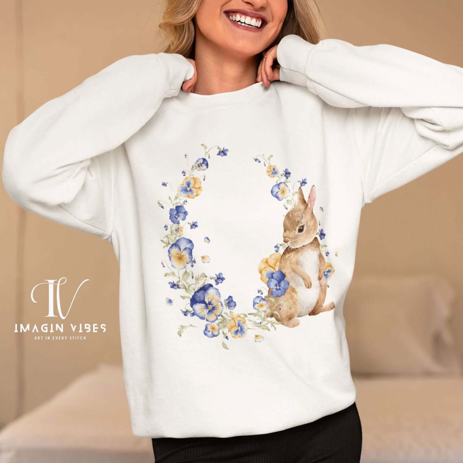 Spring Vibes: Floral Bunny Sweatshirt Sweatshirt Printify