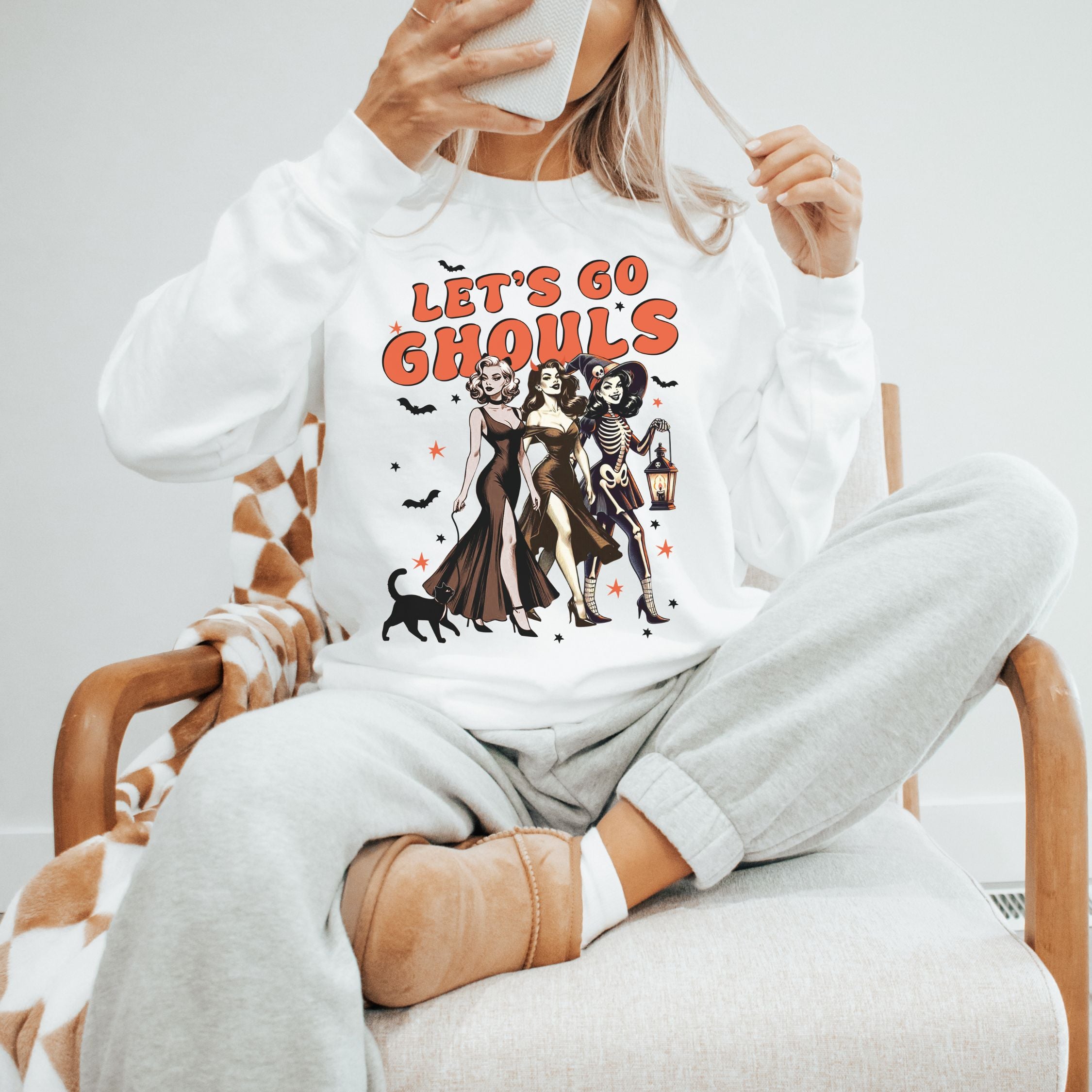 Let's Go Ghouls: Spooky Halloween Sweatshirt Sweatshirt Printify L White