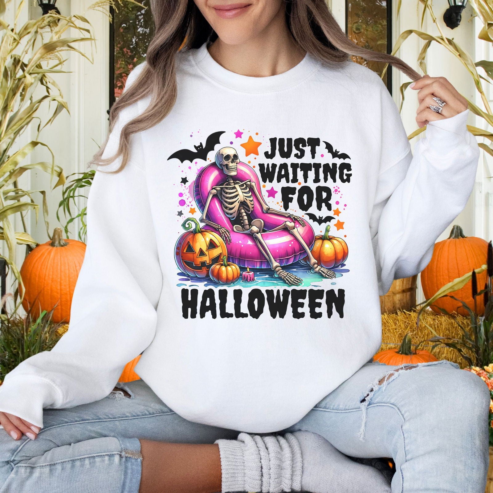 Just Waiting for Halloween: Skeleton Sweatshirt Sweatshirt Printify XL White