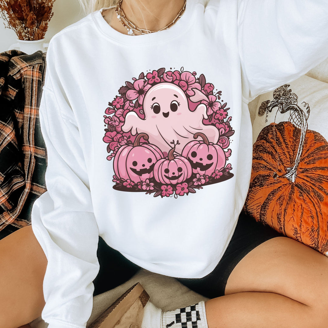 Cute Pink Ghost Halloween Sweatshirt Sweatshirt Printify L White