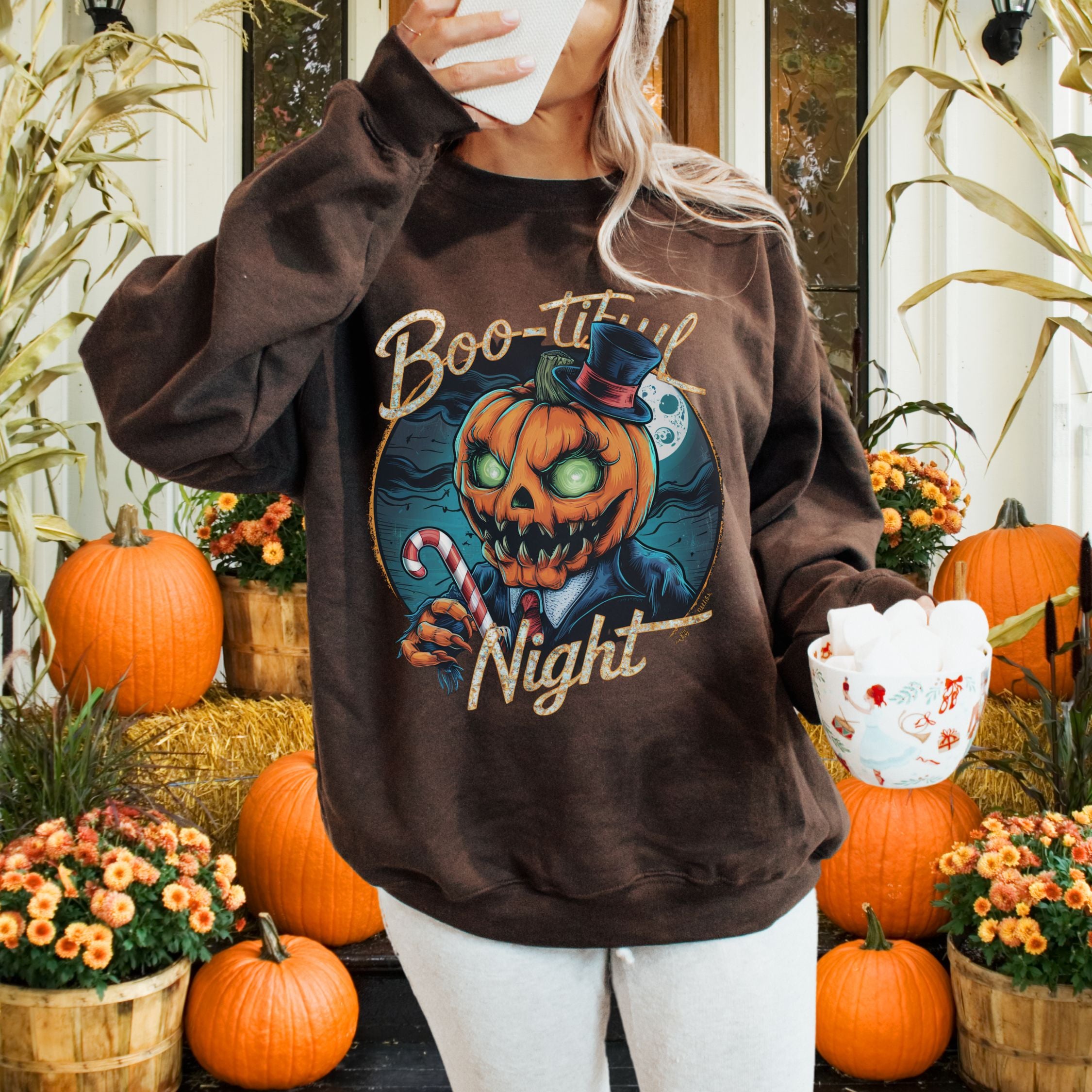 Boo-tiful Night: Pumpkin Creature Halloween Sweatshirt Sweatshirt Printify