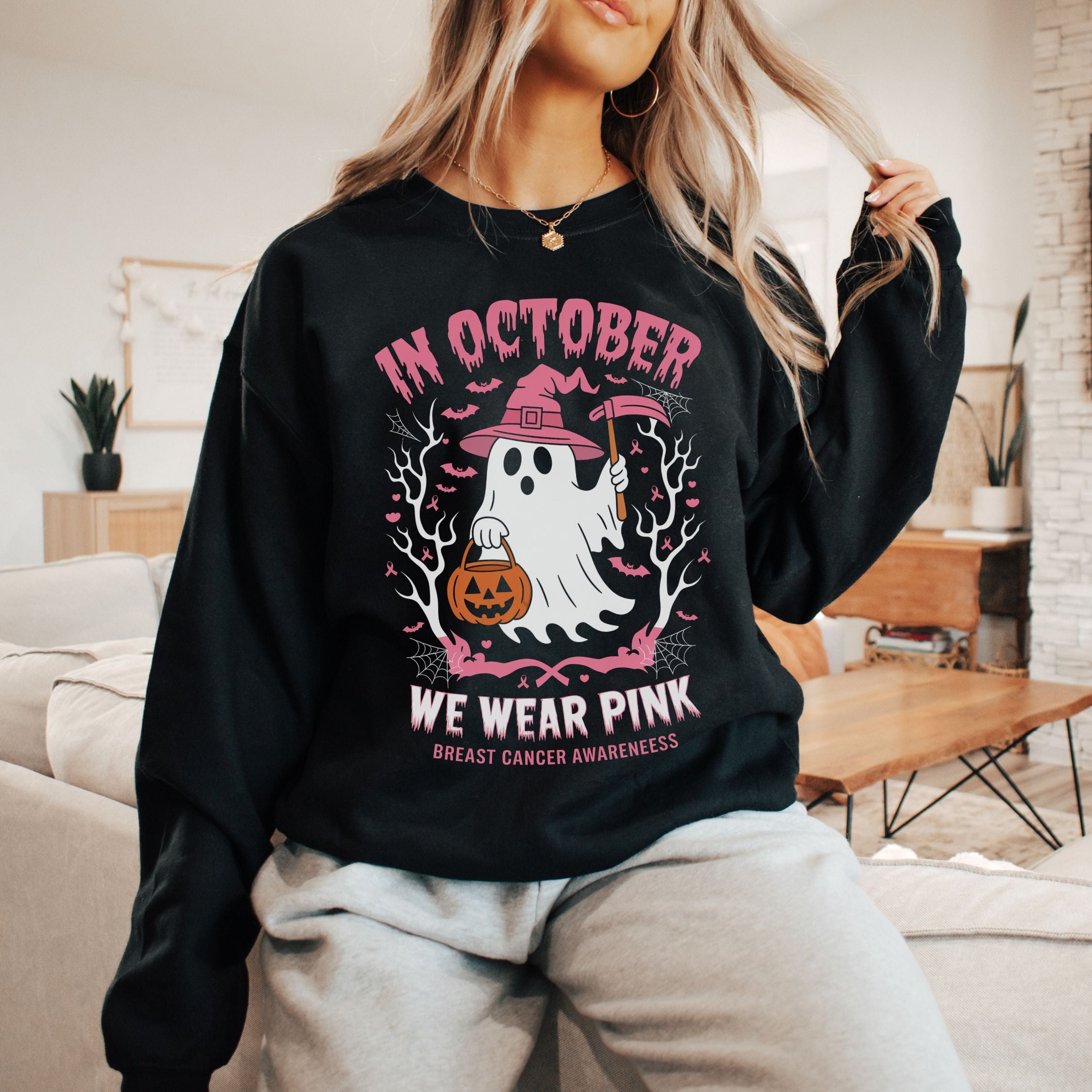 In October We Wear Pink: Breast Cancer Awareness Sweatshirt Sweatshirt Printify XL Black